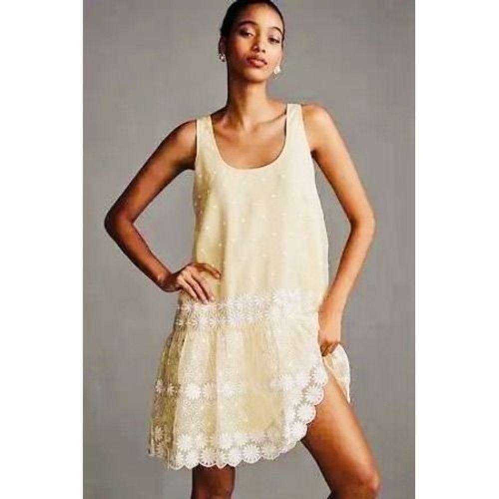 Maeve Anthropologie Yellow Floral Embroidered Polka Dot Tie Back Mini Dress M